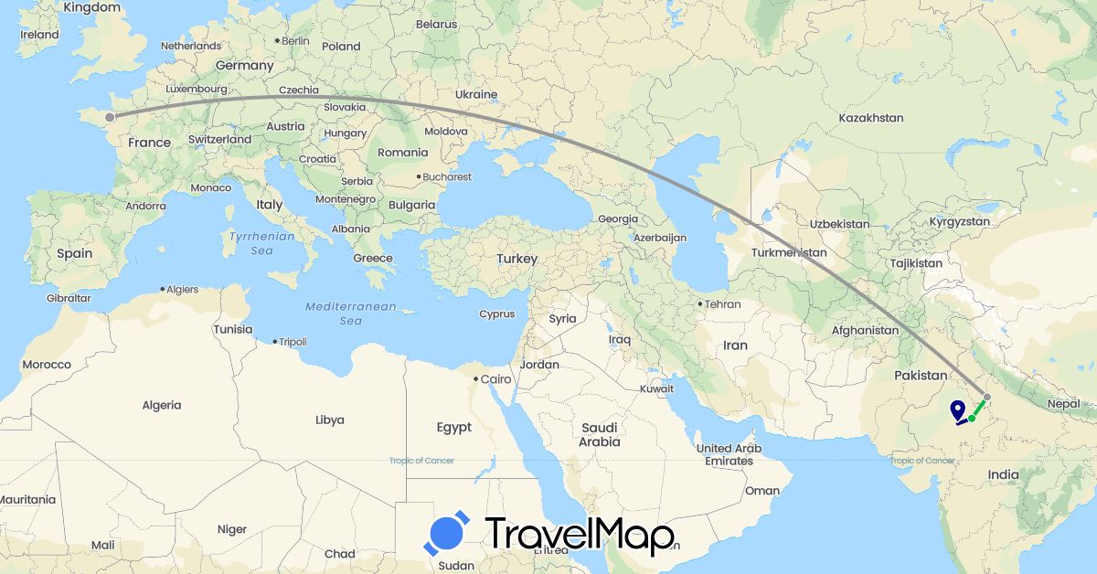 TravelMap itinerary: driving, bus, plane in France, India (Asia, Europe)